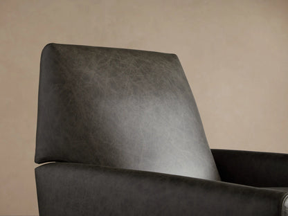 Harvey Leather Swivel Recliner, front. Distressed dark gray leather with natural texture, padded seat, back & arms, black swivel base.