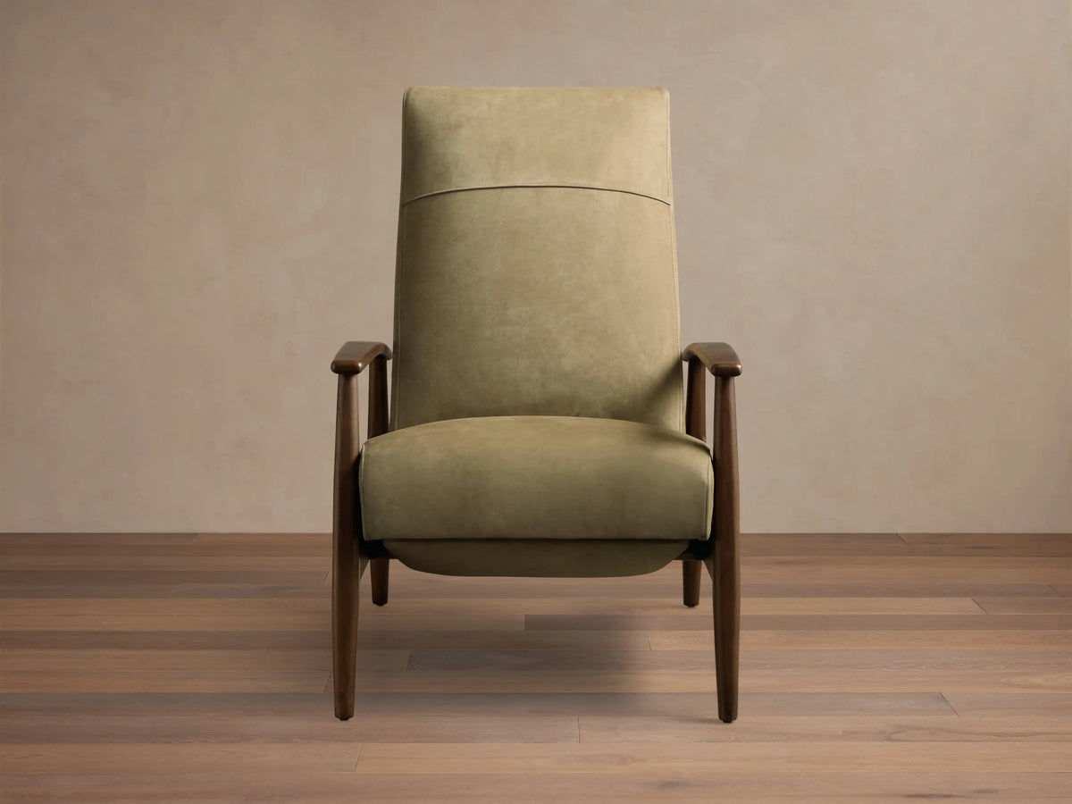 Front view of an olive green upholstered high-back chair with dark wooden armrests and legs, featuring a horizontal seam.