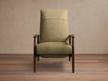 Front view of an olive green upholstered high-back chair with dark wooden armrests and legs, featuring a horizontal seam.