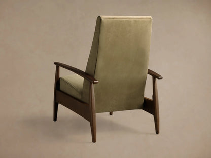 Rear 3/4 view of a high-back armchair with light olive green upholstery and dark brown wooden frame.