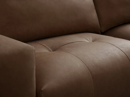 Brown leather five-piece sectional sofa on a wooden floor, featuring clean lines and plush cushions in an L-shape configuration.