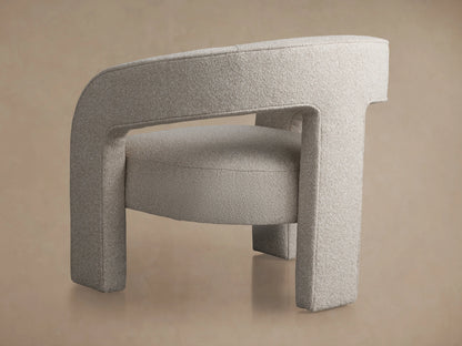 Mara Cutout Chair, light grey textured fabric. Modern, minimalist design with continuous frame for back, arms & legs. Integrated seat, angled.