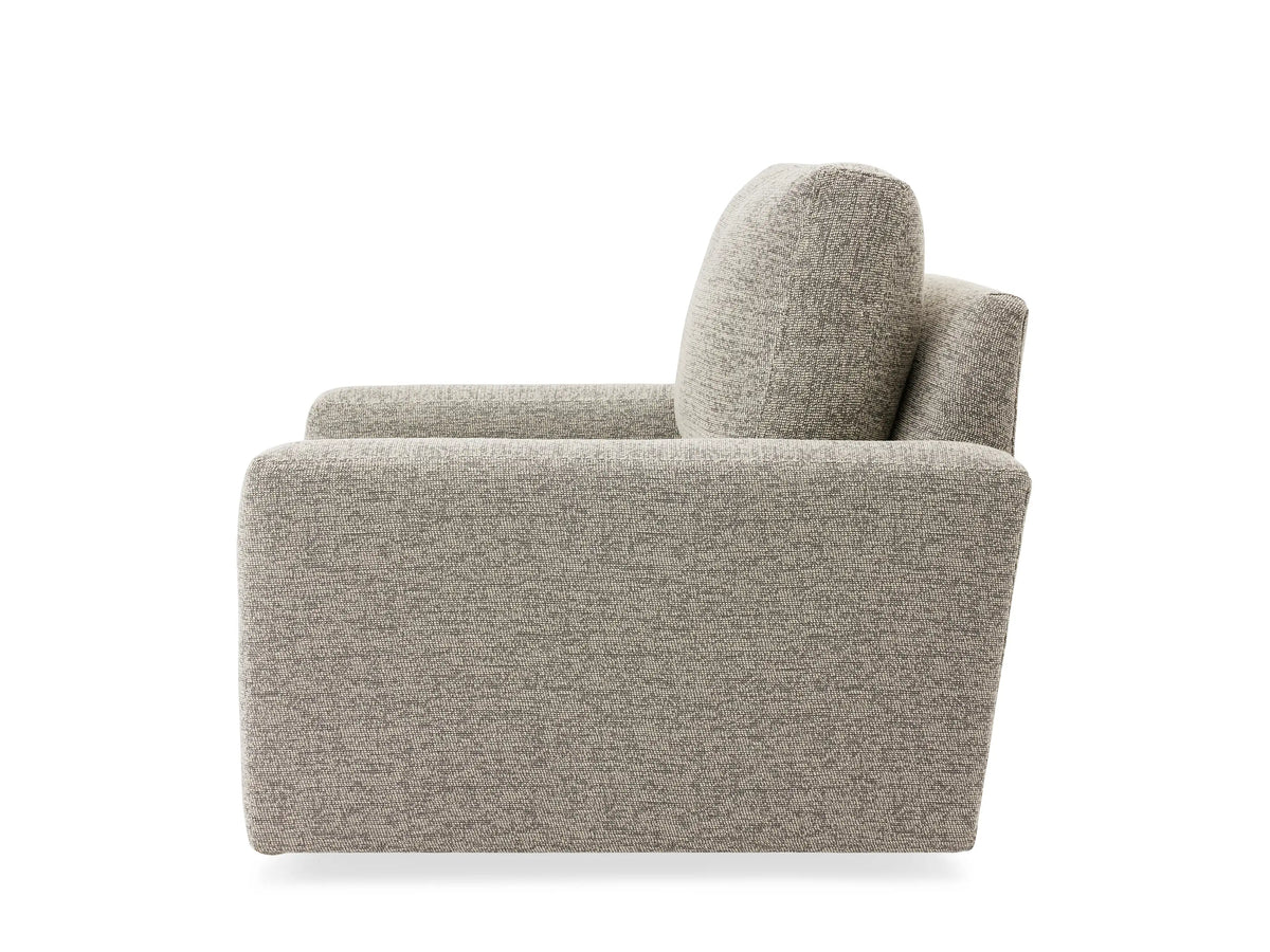 Remington Outdoor Swivel Chair in textured beige fabric, square back and armrests, viewed from the rear on a white background.