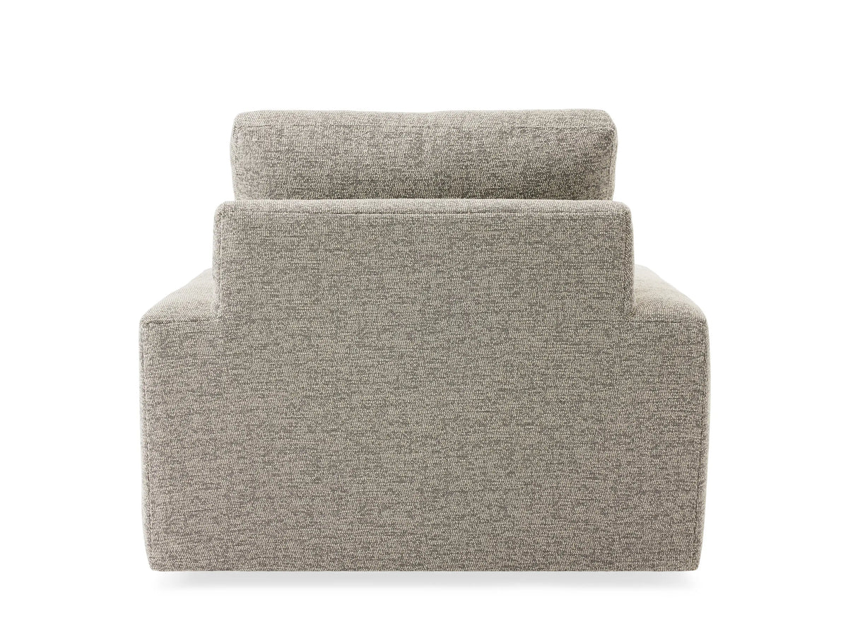 Remington Outdoor Swivel Chair in gray fabric, side view showing the straight armrest and plush back and seat cushions.