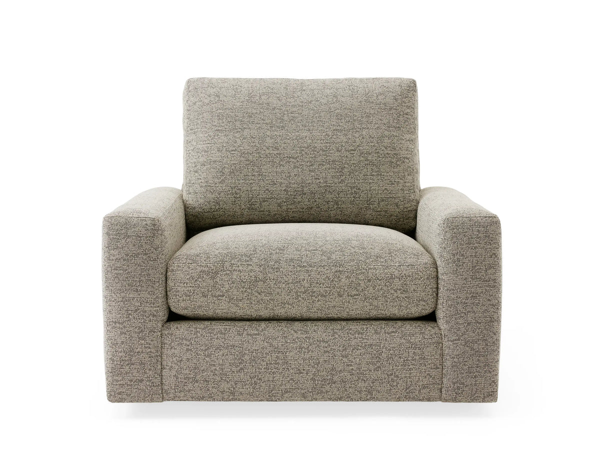 Remington Outdoor Swivel Chair in light gray fabric, close-up of seat and armrest, showing textured weave and cushion design.