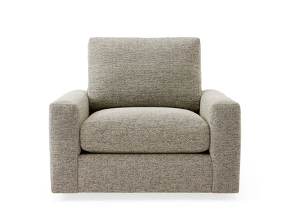 Remington Outdoor Swivel Chair in light gray fabric, close-up of seat and armrest, showing textured weave and cushion design.