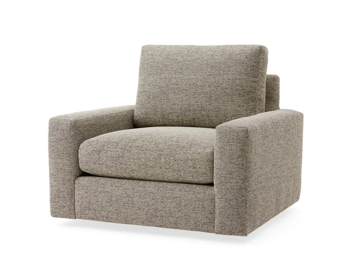 Remington Outdoor Swivel Chair in a textured grey fabric with a plush seat and back cushion, featuring wide armrests.