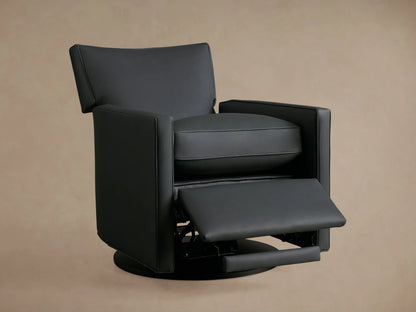Side view of a dark grey Rudy Leather Swivel Recliner, partially reclined with its footrest extended, against a plain background.