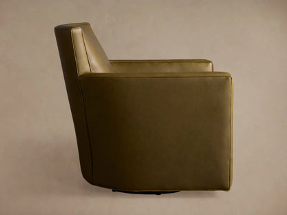 Rudy Leather Swivel Chair in an earthy olive green, viewed from its side and back, showing the tall back and curved arm.