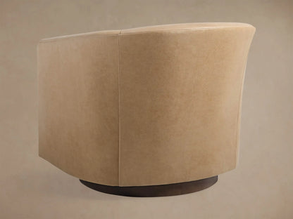 Close-up of Bowan Leather Swivel Chair, showing light tan textured leather upholstery over a dark round swivel base.