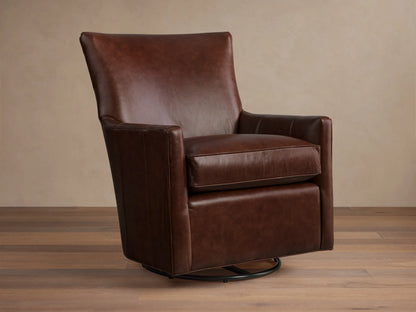 Front view of a brown Walton Leather Swivel Glider, with a cushioned seat and back, resting on a black circular swivel base.