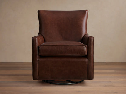 Front view of the brown leather Walton Leather Swivel Glider, with plush cushioning and a black circular swivel base.