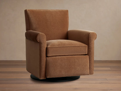 Rudy Rolled Arm Swivel Recliner in cognac velvet, featuring a high back, plush seat cushion, and rounded arms on a wooden floor.
