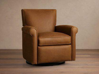 Rudy Leather Rolled Arm Swivel Recliner in brown leather, features rolled arms, a cushioned backrest, and 360-degree swivel base on wooden floor.