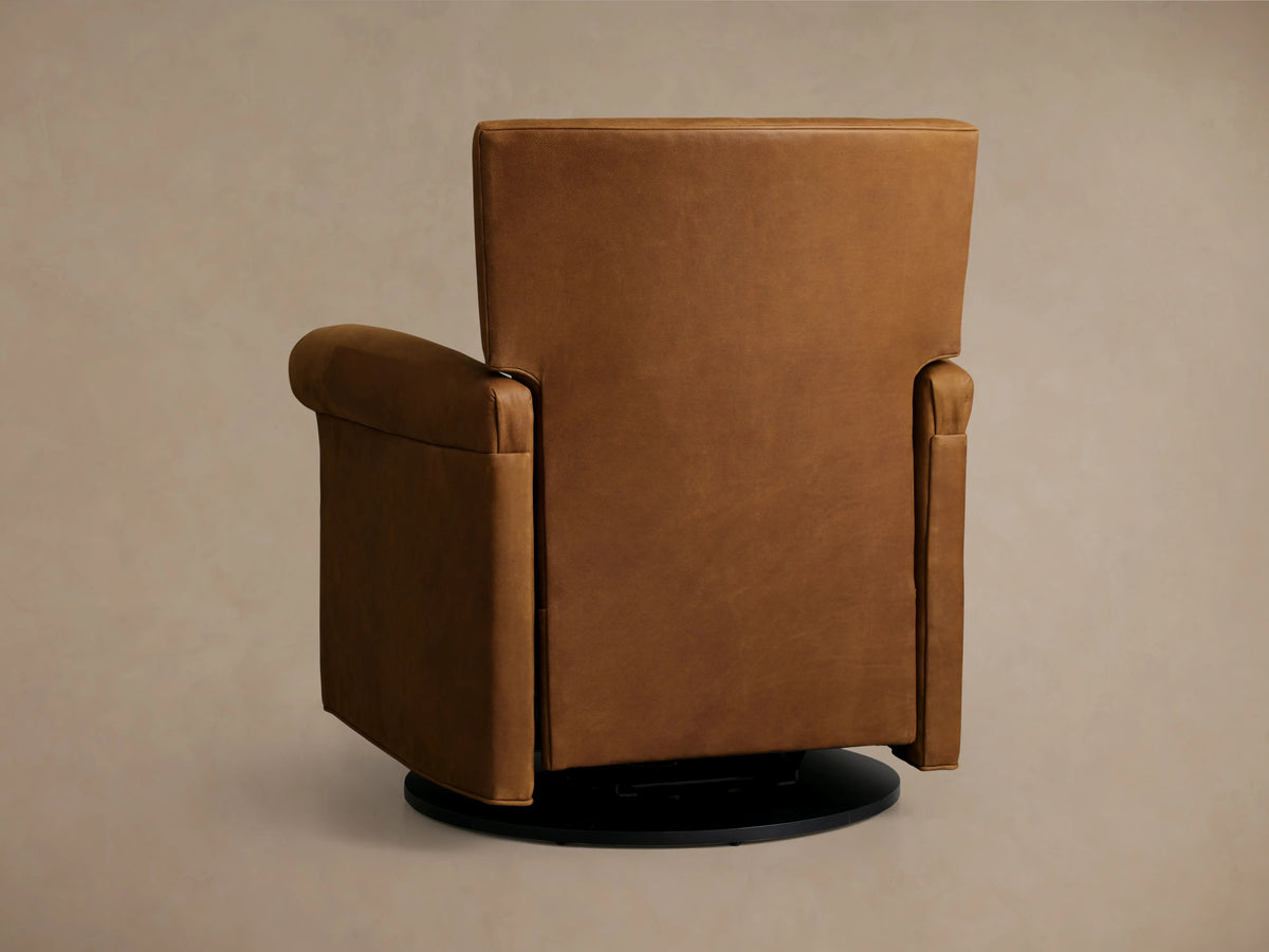 Rudy Leather Rolled Arm Swivel Recliner in brown leather, featuring rolled armrests and a smooth cushioned seat, top view.