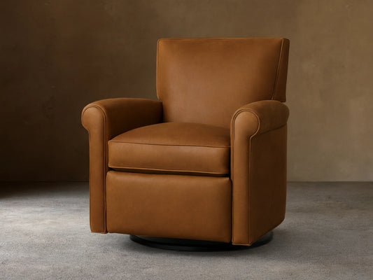 Rudy Leather Rolled Arm Swivel Recliner in brown leather, features rolled arms, a cushioned backrest, and 360-degree swivel base on wooden floor.
