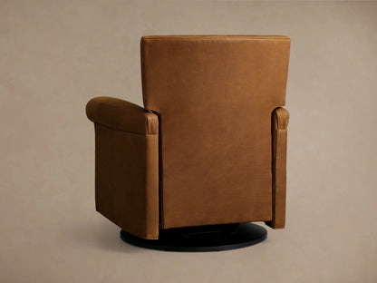 Rudy Leather Rolled Arm Swivel Recliner in brown leather, viewed from the back. Features rolled arms and a black swivel base.