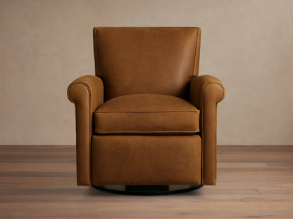 A brown leather swivel recliner with rolled arms and a cushioned seat, set on a hardwood floor with a neutral background.
