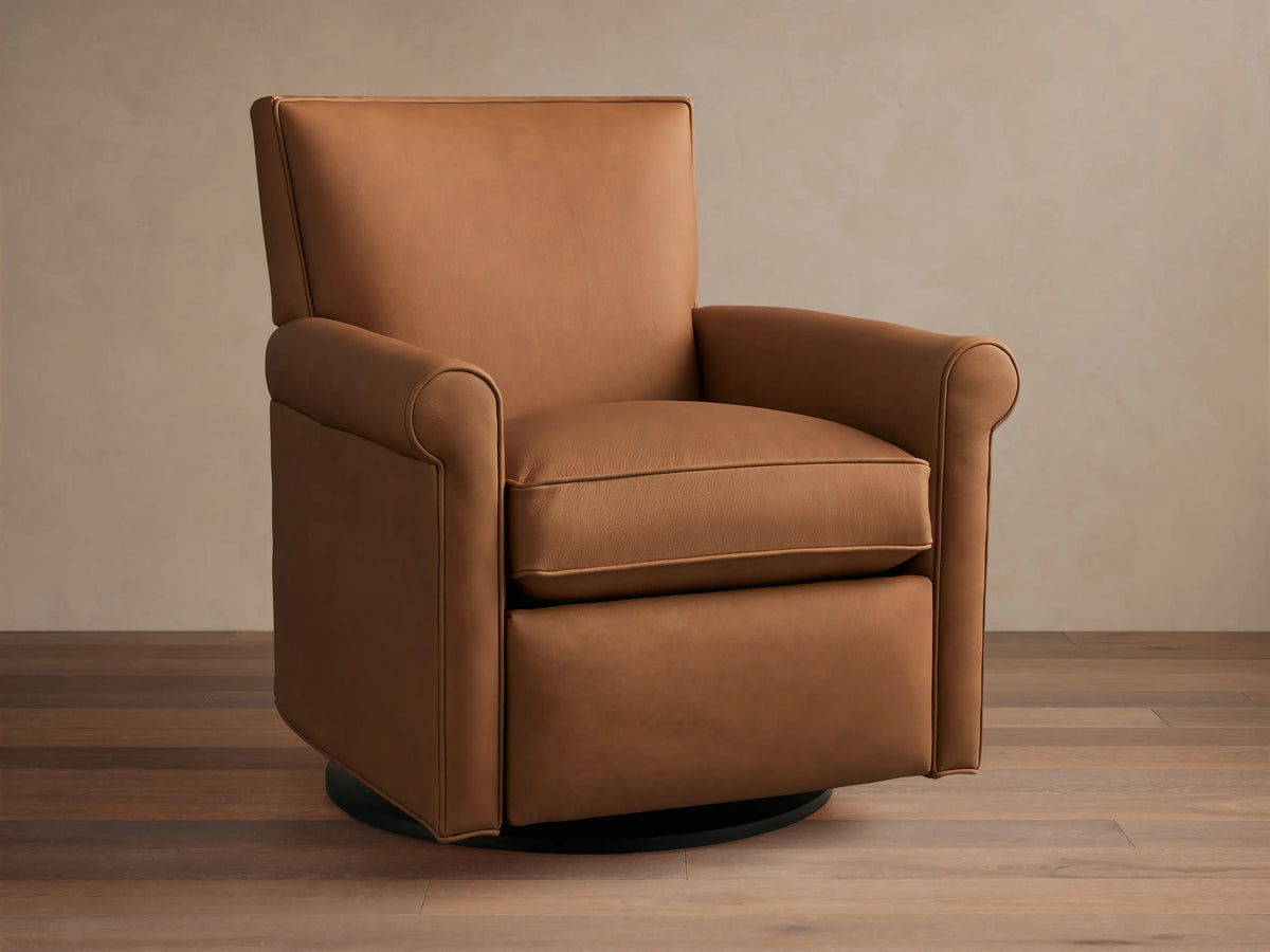 Rudy Leather Rolled Arm Swivel Recliner