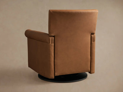 Close-up of Rudy Leather Rolled Arm Recliner in rich caramel brown, highlighting the plush seat, back, and rolled arm details.