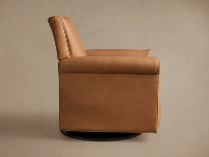 Tan leather Rudy Rolled Arm Swivel Recliner, viewed from its back right side, showing a rolled arm and a black circular swivel base.