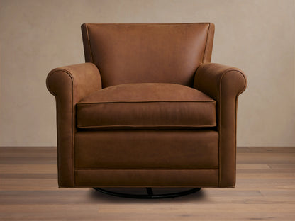 Rudy Leather Rolled Arm Swivel Chair in rich brown leather with rolled arms, plush seat cushion, and a sturdy swivel base.