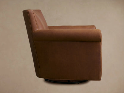 Rudy Leather Rolled Arm Swivel Chair in rich brown leather, featuring rolled arms and plush cushions with visible stitching.
