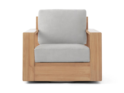 Front view of Canyon Outdoor Teak Swivel Chair. Light brown teak frame with wide arms and light gray back and seat cushions.
