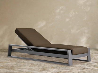 Canyon Outdoor Aluminum Chaise, dark gray frame, brown cushion, backrest elevated, side angled view.