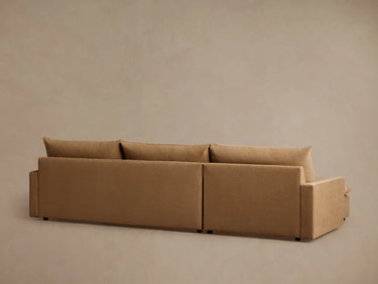 Calistoga Two-Piece Chaise Sectional in brown fabric, showing three cushioned seats, broad armrest, and soft texture.