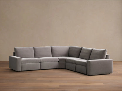 Front view of a grey Kipton Wide Arm Five-Piece Motion Corner Sectional, forming an L-shape with wide armrests.