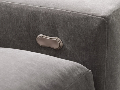 Front view of light gray Kipton Wide Arm Six Piece Motion Sectional, L-shaped, one footrest extended.