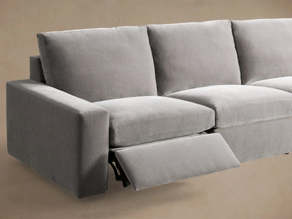Close-up of the grey Kipton Wide Arm Six Piece Motion Sectional's arm, showing its two-button metallic motion control.