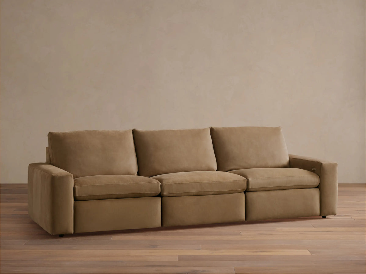 Kipton Wide Arm Nubuck Leather Sofa in brown, shown in a three-piece configuration with wide arms, set against a neutral background.