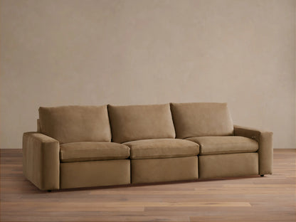 Kipton Wide Arm Nubuck Leather Sofa in brown, shown in a three-piece configuration with wide arms, set against a neutral background.
