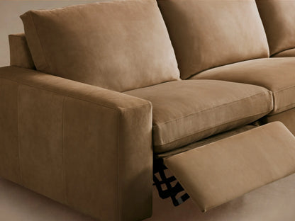 Kipton Wide Arm Nubuck Leather Three-Piece Motion Modular Sofa in brown, featuring wide arms, three cushions, and a wood floor setting.