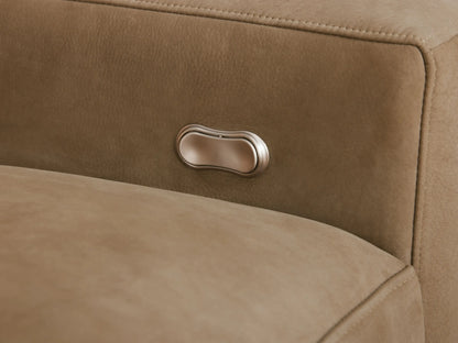 Kipton Wide Arm Nubuck Leather Sofa in tan, showing left side with wide arm and extended footrest. Smooth, soft leather texture.