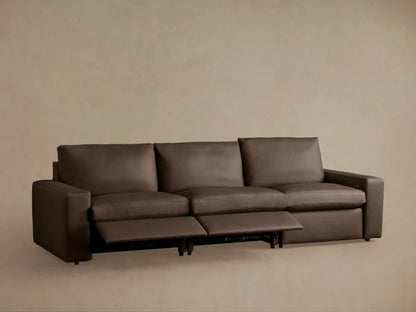Back view of dark brown leather Kipton Wide-Arm Three-Piece Motion Modular Sofa, showing its distinct back sections.