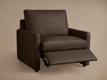 Kipton Leather Motion Recliner in dark brown leather, featuring slim arms and a cushioned seat and backrest, on wood floor. Front view.