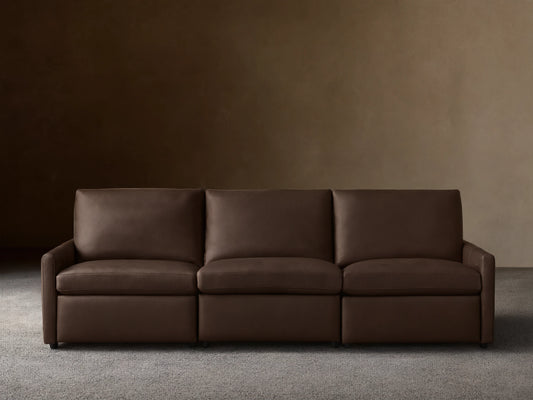 Three-piece Kipton Leather Modular Sofa with slim arms and a sleek design in dark brown leather against a neutral background.