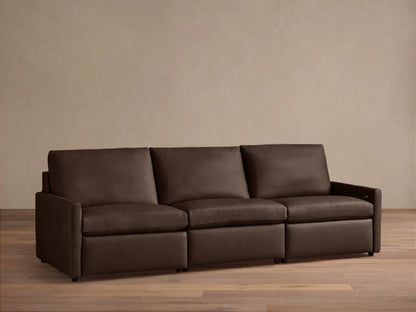 Three-piece Kipton Leather Modular Sofa with slim arms and a sleek design in dark brown leather against a neutral background.