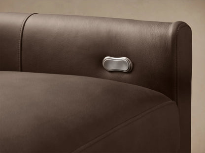 Kipton Leather Three-Piece Motion Modular Sofa in rich brown leather. Features slim armrest with button controls.