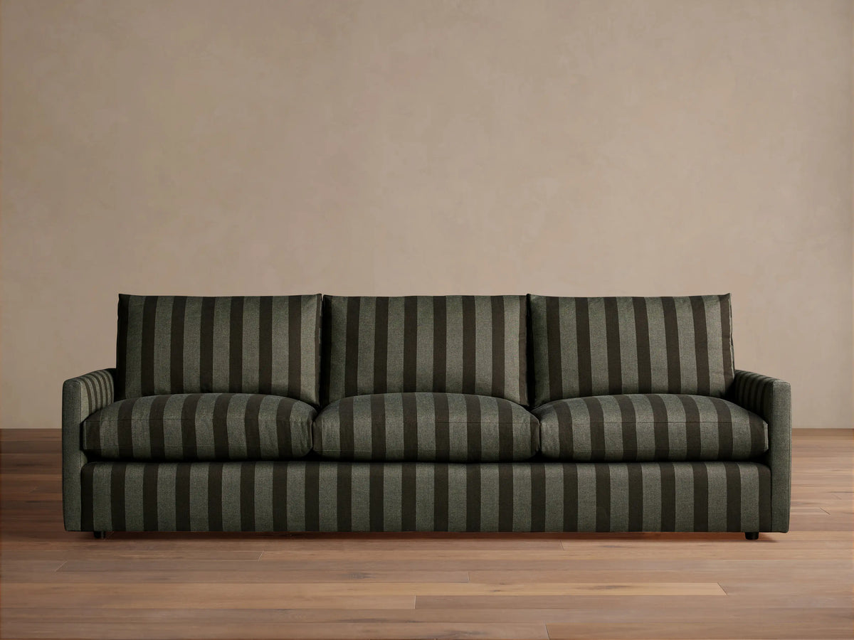 Kipton Slim Arm Three-Seat Sofa in dark green and black striped fabric. Vertical stripes on frame, horizontal on seat cushions.