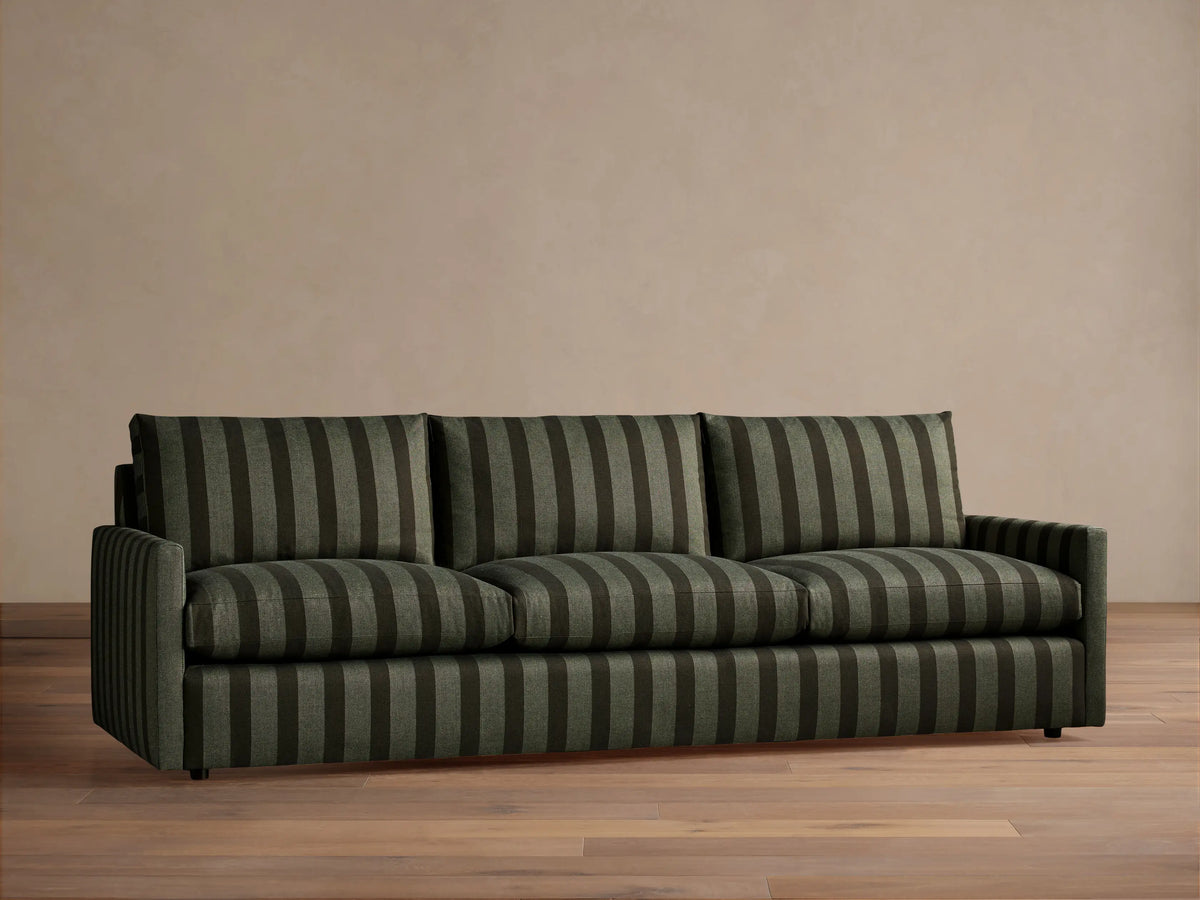 Kipton Slim Arm Three-Seat Sofa in dark green and black striped fabric. Vertical stripes on frame, horizontal on seat cushions.