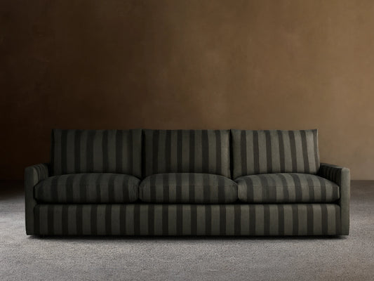 Kipton Slim Arm Three-Seat Sofa in dark green and black striped fabric. Vertical stripes on frame, horizontal on seat cushions.