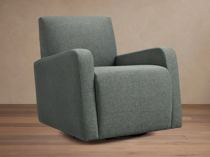 Gray upholstered Kershaw Swivel Chair with soft, textured fabric. Features wide armrests, a high backrest, and a concealed swivel base.