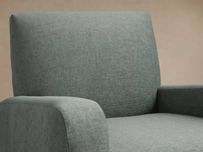 Gray Kershaw Swivel Chair with a square backrest, thick cushioned arms, and a solid base, on a wooden floor.