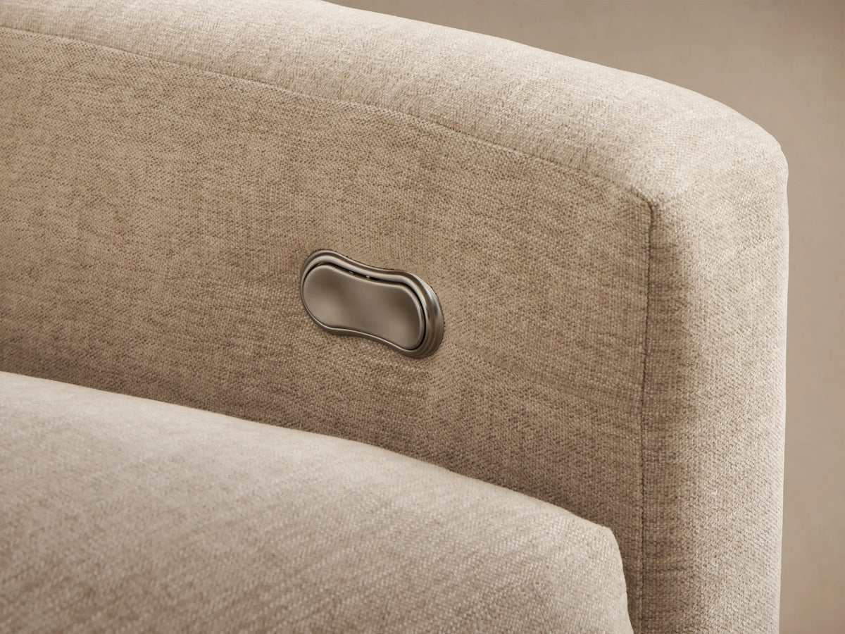 Front view of beige Kipton Slope Arm Three-Piece Motion Chaise Sectional with a left-side chaise and sloped arms.