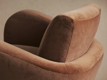 Amelia Swivel Chair, rust-colored upholstered modern design with rounded arms and a visible black swivel base, front view.