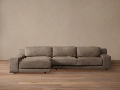 Novoli Nubuck Leather Two-Piece Chaise Sectional, muted taupe, with a left-facing chaise on a wood floor.